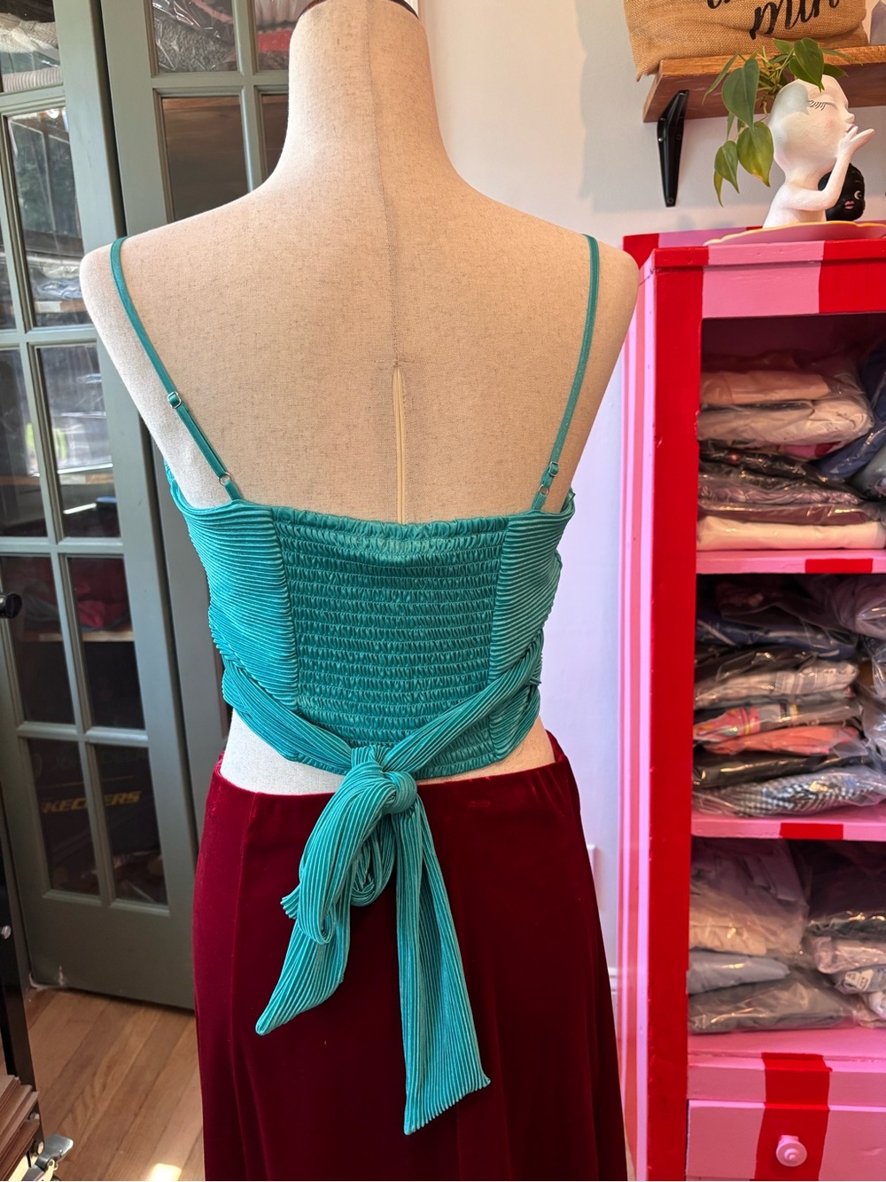 Ro & De Teal Pleated Satin Tie Back Crop Top Size Small Y2K Party Cami - Picture 1 of 6